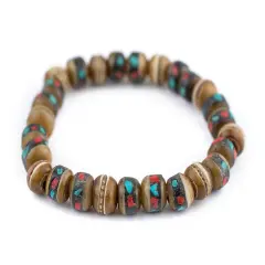 The Bead Chest Mala Stretch Bracelet, Brown - Stackable Nepal Bone Inlaid with Turquoise & Coral Colors, 100% Authentic and Genuine
