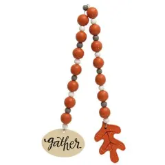 21&rdquo; Decorative Beaded Gather Tag with Painted Speckled Wood Beads and Leaf Cutout Shelf Accent
