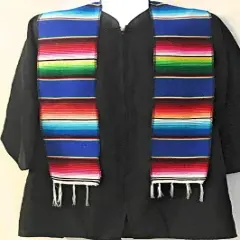 1 Yard Multicolor Mexican Serape Graduation Stole Sash Woven Handmade Fabric with Fringe 5 Inch Width Royal Blue