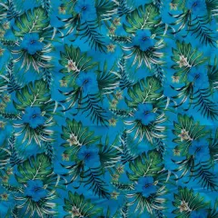 1 Yard Hibiscus Monstera Palm Leaves Polyester Fabric, 60" Wide Tropical Print Turquoise