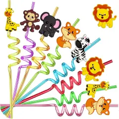 24pcs Forest Animals Crazy Shape Straws, Drink Cocktail Straws for Lion Fox Zebra Giraffe Monkey Safari Birthday Party Supplies Party Favors, Woodland Party Favors with 2 Cleaning Brushes 8 Colors