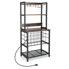 Brown Multi-functional Wine Bar Rack with 4 Tier Storage Shelves and Power Outlets