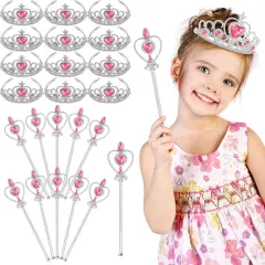 24 Pcs Princess Dress up Accessories Crown Tiara and Wand Set Include 12 Pcs Princess Wand and 12 Pcs Plastic Crown Kids Tiara for Little Girls