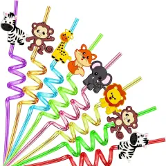 24PCS Jungle Animal Drinking Straws Reusable for Kids Forest Animal Theme Birthday Party Favors Supplies Decorations with 2 PCS Cleaning Brushes (Safari Jungle Animal)