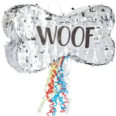 Pull String Dog Bone Pinata for Puppy Birthday Party Decorations, Silver Foil (Small, 16.8 x 10 x 3 In)