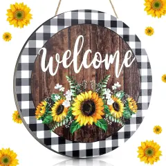 12 x 12 Inches Sunflower Welcome Sign &ndash; Round Wooden Art Wreath for Summer Front Door, Farmhouse Porch, and Wall Decor