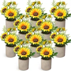Summer Sunflower Floral Arrangements&ndash; 10 Pcs Artificial Flowers in Rustic Pots, Faux Sunflower Centerpieces for Seasonal Home & Kitchen Displays