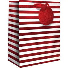 Pack/6: Red White Stripe Gift Bag - 6 x 3 x 7-1/2"