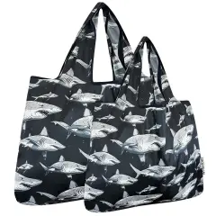 Wrapables Large & Small Foldable Tote Nylon Reusable Grocery Bags, Set of 2, Sharks in Black