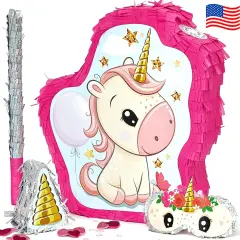 Unicorn Pinata Treasure Hunt Party Game, Birthday Party Complete Set, 16 X 13 Inches, Cute Horse Girl Pinata, Includes Unicorn Pi&ntilde;ata, Horn Mini Pi&ntilde;ata, Pink Bat and more!