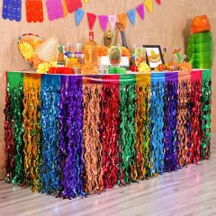 Cinco de Mayo Decorations, 2 Pack Fiesta Party Wavy Metallic Tinsel Foil Fringe Table Skirts, Perfect Mexican Themed Decors for Mexican Taco Dia De Los Muertos Birthday Party Table Bar Decor