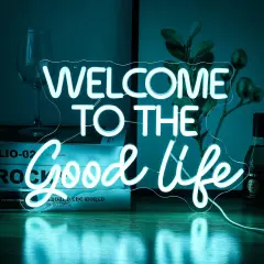 Summer "Welcome To The Good Life" Neon Sign &ndash; Ice Blue LED Light, Dimmable, USB Powered, 16.5&rsquo;&rsquo; x 11&rsquo;&rsquo; &ndash; Cool Wall Decor for Beach Parties, Poolside Hangouts, Kids Rooms, and Summer Gifts