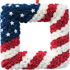 18 Inch Patriotic Red White Blue Large Size Square Shape Flower Wreath for Front Door, Forth of July American Flag Color Soft Touch Floral Wreath for Indoor and Outdoor, July 4th Wreath