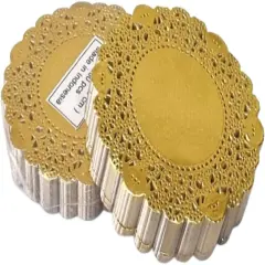 250pcs Premium 3.5inch Foil Round Lace Paper doilies - Non-Dust, Clean Cut, Simple Design : Party/Gift/for Cake Crafts/Home Decor Weddings Table Settings Placemats (Round - 3.5", Gold)