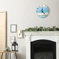 Blue Wood Wall Clock Battery Operated 12 Inch (30 cm) - Silent Frameless Farmhouse & Beach Decor Analog Wall Clock for Bedroom, Kitchen, Office