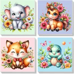 4 Pack Animal Paint by Number for Kids with Wooden Frame-Paint by Numbers for Kids Animals Ages 4-8-12,Easy Elephant Fox Sea Turtle Horse DIY Acrylic Oil Painting Kits for Home Wall Decor(8X8inch)