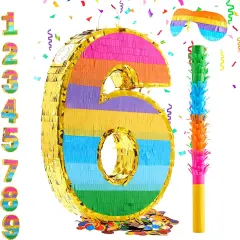 Rainbow Number 6 Pinata for 6th Birthday Party Decorations, Fiesta, Kids Anniversary Celebration, Birthday Pinata with Stick, Blindfold and Confetti (Small, 16.5 x 11.5 x 3 In)