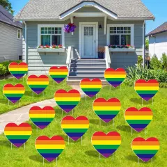 16 Pieces Gay Pride Yard Signs Rainbow Gay Heart Lawn Signs with 32 Pieces Stakes Plastic Waterproof Outdoor Gay Yard Signs for LGBTQ Rainbow Party Yard Decorations