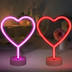 Summer Heart Neon Signs &ndash; 2-Pack Pink LED Heart Lights, Battery or USB Powered Neon Lamp for Bedroom, Party, and Room Decor