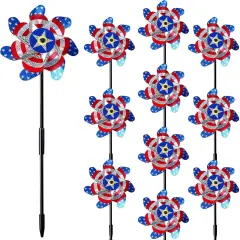 10 Pieces 21 Inches Patriotic Reflective Pinwheels with Stakes, American Flag Windmill Wind Spinners