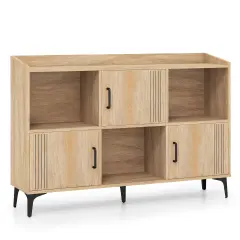 Oak Engineered Wood Cabinet, Metal Legs, Strip Design and Open Display
