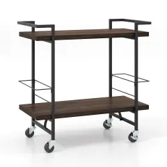 Rustic Brown Engineered Wood Metal 2-Tier Home Bar Cart and Easy Mobility