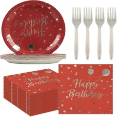 75PCS Happy Birthday Paper Plates Set, Disposable Party Dessert Plates Dinnerware Napkins Plastic Forks Tableware Guests for 2025 New Year Birthday Party Decoration, Serve 25 (Red, 7IN)