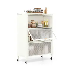 4-Tier White Metal Foldable Kitchen Bakers Rack with Flip Doors and 4 Universal Wheels