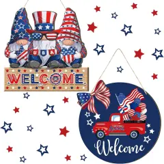 2 Pcs 4th of July Welcome Sign Decorations Patriotic Gnomes Wooden Signs Star American Flag Large Hanging Decor for Independence Day Party Memorial Day Outdoor Home Front Door Window Wall Ornament