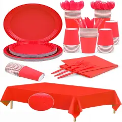 Red Disposable Party Tableware Set - 168pc Premium Paper Plates, Napkins, Forks & Tablecloth for Birthday, Weddings, Celebrations