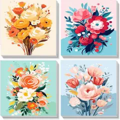 4 Pack Flower Paint by Number for Kids with Wooden Frame-Paint by Numbers for Kids Flowers Ages 4-8-12,Easy Paint with Numbers DIY Acrylic Oil Painting Kits for Home Wall Decor(8X8inch)