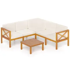 Off-White Cushioned Acacia Wood 6-Piece Patio Set, Modular Sectional with Coffee Table