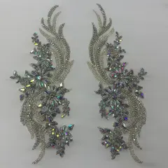 1 Pair 14" x 4" Each Side Crystal Rhinestone Beaded & Corded Lace 100% Polyester Green AB
