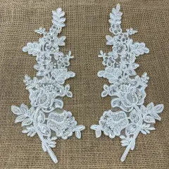 1 Pair Beaded & Corded Floral Lace Applique 100% Polyester Net Mesh 12" X 3.5" Each Side Ivory Color