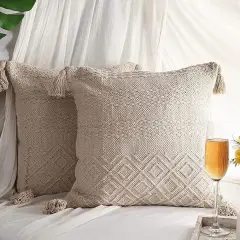 Set of 2 Boho Throw Pillow Covers for Couch, 18 x 18 Inch Textured Boho Pillow, Hand-Woven Tufted Decorative Pillows Covers Bedroom Living Room, Farmhouse (Diamond Obsession Beige)