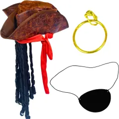 4E's Novelty Eye Patch, Pirate Hat with Dreadlocks Hair & Red Bandana (3 Pcs Set) - Pirate Accessories for Costume, Cosplay & Birthday Party Decors
