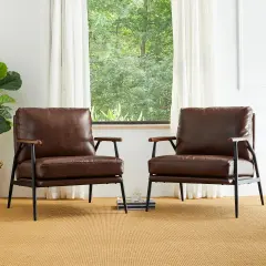 28"W Mid-century Modern Soft PU Leather Accent Armchair Set of 2-Coffee