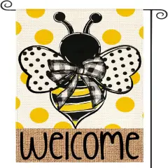 Summer Polka Dot Bee Welcome Garden Flag 12x18 Inch Double Sided Outside, Seasonal Holiday Burlap Yard Outdoor Decoration