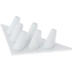 Plymor White Faux Leather Ring Finger Display, Six on Triangular Base, 7" W x 3.25" D x 1.5" H