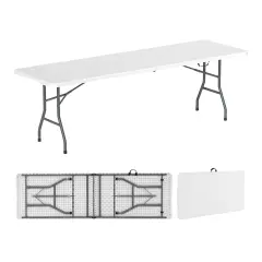 8 Feet Patio Portable Fold-in-Half Table with Robust Metal Legs and Joint Safety Lock White