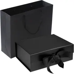 Black Luxury Magnetic Gift Box with Lid, Ribbons and Gift Bag, Medium Size-9.4x7x3 Inches, Great for Wedding, Birthdays, Man