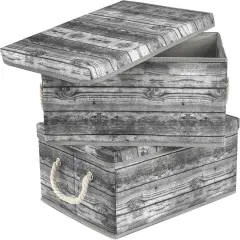 Storage Box Set with Lid, Carry Handles, Foldable Frame, Rustic Wood Grain Print Bins, Great for Toys, Memorabilia, Closet, Office, Bedroom, 2-Pack