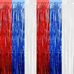 4 Pack Red Blue White Foil Fringe Curtain Backdrop, 3.28Ft x 8.2Ft Metallic Tinsel Foil Fringe Streamers Curtains for Photo Booth, Wedding, Mardi Gras, Birthday, Independence Day Party Decoration