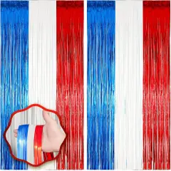 2 Pack Red White and Blue Foil Fringe Backdrop Curtains, Tinsel Streamers Party Decorations, Fringe Backdrop for Patriotic, Memorial Day, 4th of July, Independence Day