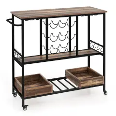 3 Tiers Bar Cart on Wheels with Glass Racks Brown