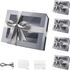 5 Gray Gift Boxes with Windows, 9x6.5x3.8 Inches, Clear Gift Boxes for Presents Contain Ribbons, Cards, Groomsmen Proposal Boxes, Gift Boxes with Magnetic Lids (Glossy Gray)