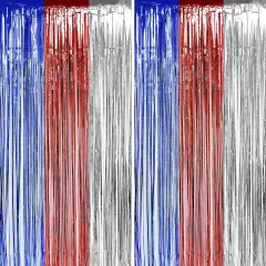 Red White Blue Patriotic Party Tinsel Foil Fringe Curtains - American USA Theme Birthday Party 4th of July Independence National Day Party Metallic Foil Curtains Photo Booth Backdrops Decorations, 4pc