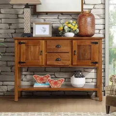 Rustic Wooden Sofa Table with Ample Storage Drawers and Cabinets for Entryway or Dining Room Brown