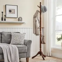 Adjustable Height Solid Wood Coat Rack Stand with 10 Hooks for Entryway Living Room and Office Dark Brown