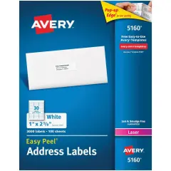 Easy Peel&reg; Address Labels, Permanent Adhesive, 1" x 2-5/8", 3000 Labels
